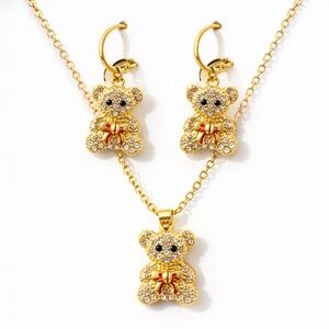 Fashion Jewelry Gold Teddy Bear Pendant Necklace and Earrings Set